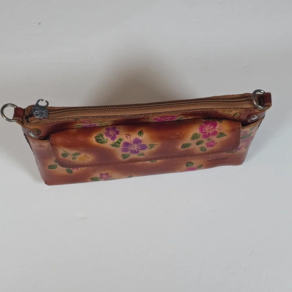 VTG Genuine Leather Clutch Zip Wallet Engraved Zip Closure‎ Floral Hawaii